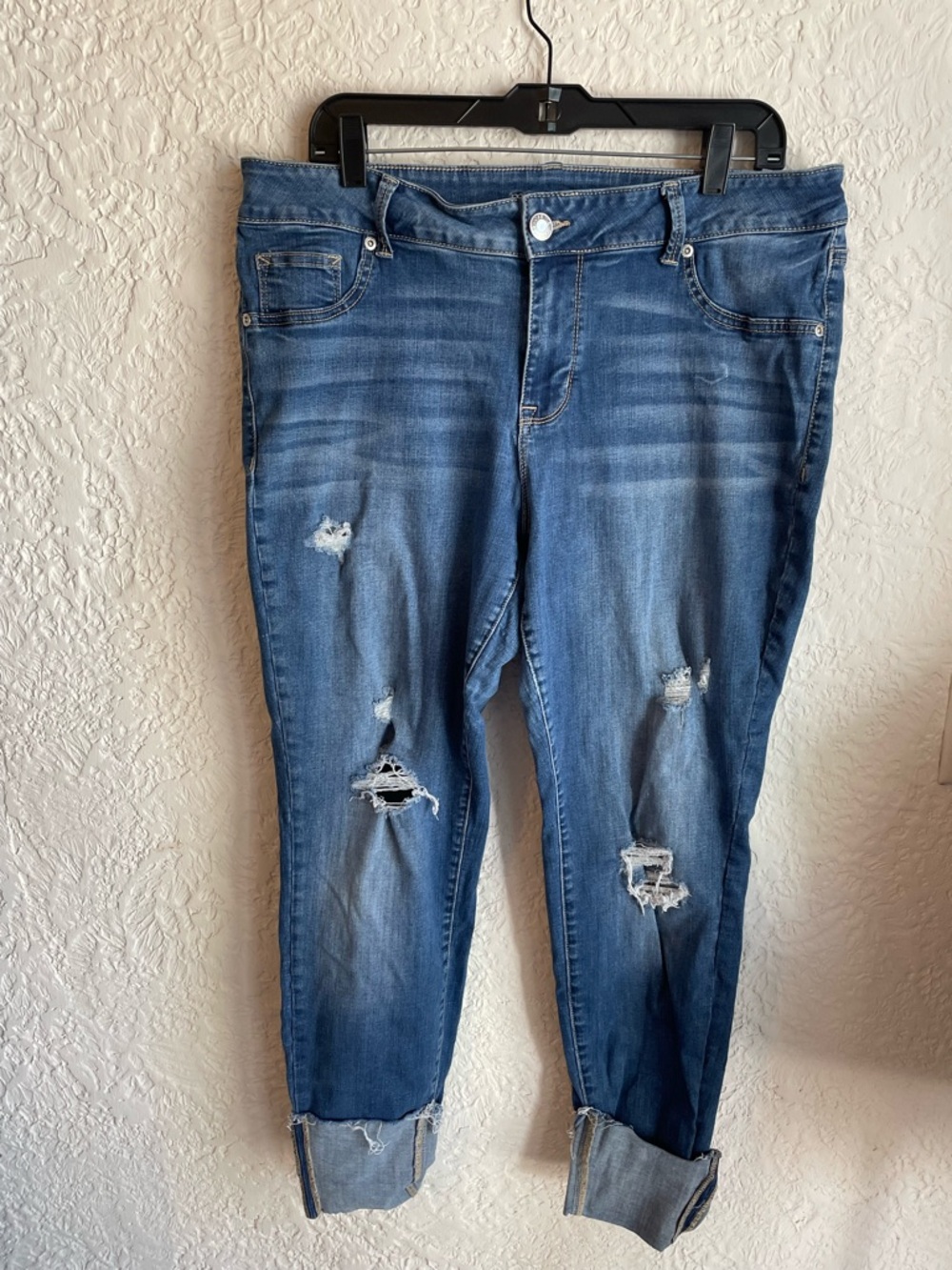 Maurices Distressed Blue Cropped Boyfriend Jeans with Rolled Cuffs
